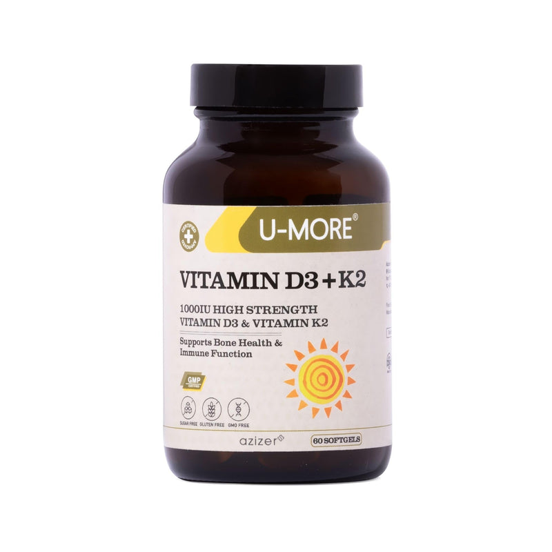 U-MORE - 1000 IU High Strength Vitamin D3 & Vitamin K2 (Menaquinone 7) - Sugar Free - Supports Bone Strength & Immune Function - 60 Softgels