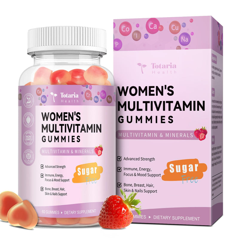 Totaria Sugar Free Multivitamin Gummies for Women 14+ w/Iron, Inositol, Folate, Biotin, Womens Daily Multivitamin Gummy w/Vitamin A, C, B, D3, K2, for Hair, Skin, Energy, Immune, Strawberry Flavor 60 Count (Pack of 1)