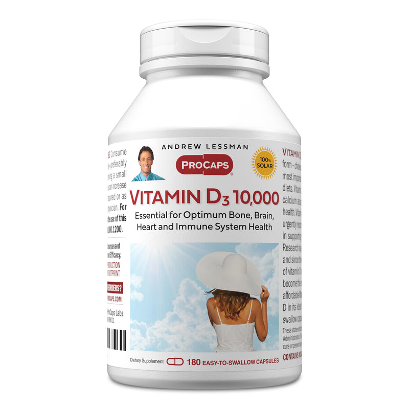 ANDREW LESSMAN ProCaps Vitamin D3 10,000 IU, 180 Capsules | Cholecalciferol with Calcium & Magnesium to support calcium absorption. Small, easy-to-swallow capsules. 180 Count (Pack of 1)