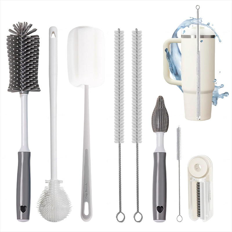 8Pcs Water Bottle Cleaner Brush - Multipurpose Cup Cleaner Kit with Long Nylon Straw Brush Long Handle Silicone Bottles Cleaning for Tumbler, Sports Water Bottle, Wine Glass Gray - BeesActive Australia