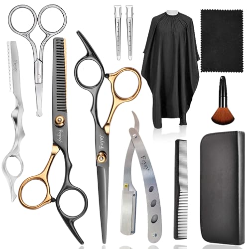 Fcysy Professional Hair Cutting Scissors Thinning Shears Kit, Barber Haircut Shears Texturizing Scissors Set, Hair Trimming Salon Blending Shears Kit for Women Men 12pcs Goldblack