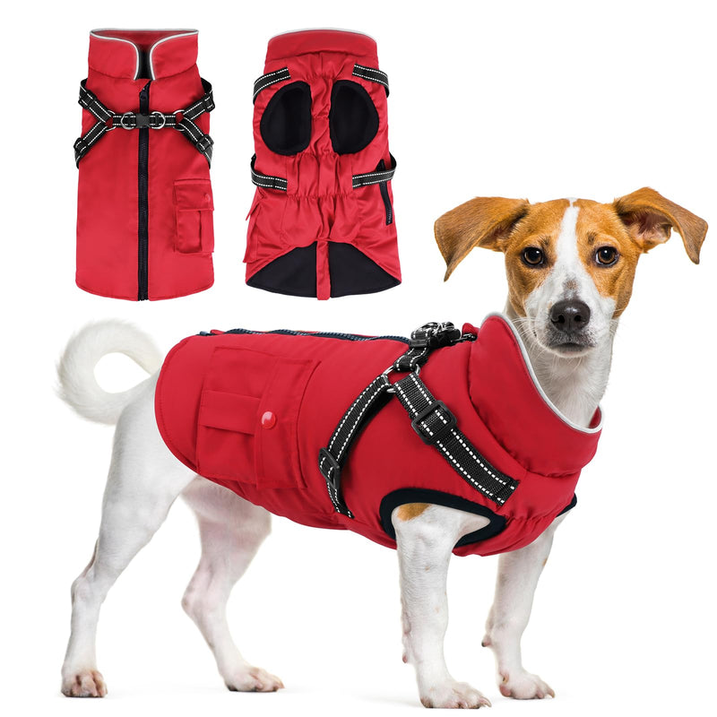 Dog Winter Coat with Harness | Dog Jacket Waterproof with Zipper and Fleece | Warm Dog Coat with Reflective for Small Medium Dogs（Red） Red - BeesActive Australia