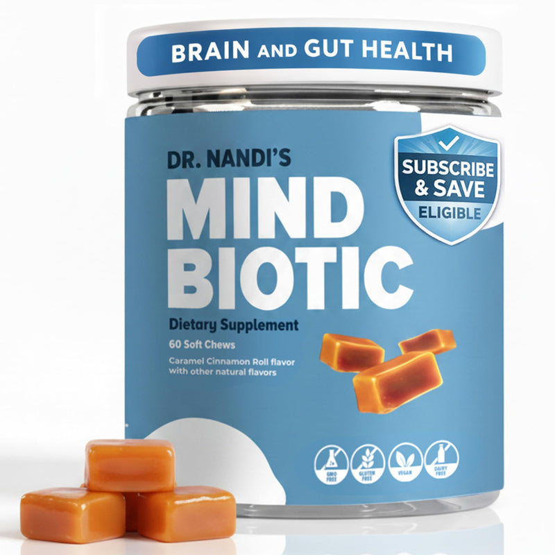 Dr. Nandi's MindBiotic Ashwagandha KSM-66 300mg Brain & Gut – 60 Chews | Probiotics & Prebiotics | Memory, Focus & Gut-Brain Support | Caramel Cinnamon Soft Chews | Sugar Free, Vegan | Men & Women
