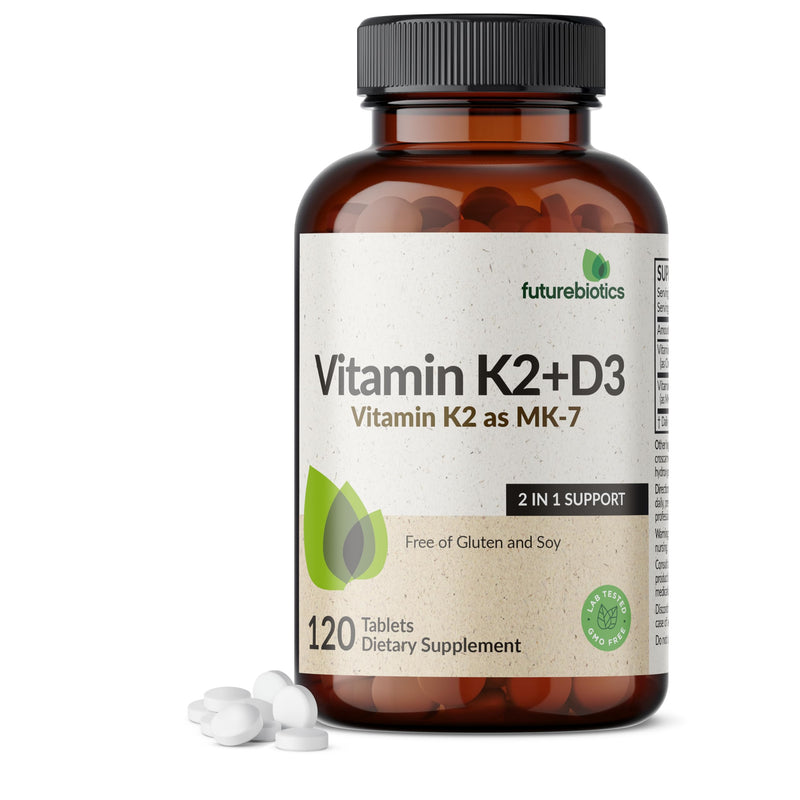 Futurebiotics Vitamin K2 with D3, 2 in 1 Support, 5000 IU Vitamin D3 & 90 mcg Vitamin K2 MK-7 Non-GMO, 120 Tablets 120 Count (Pack of 1)