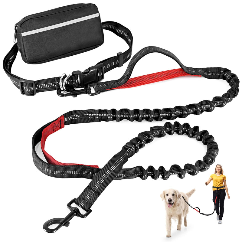 Hands Free Dog Leash with Zipper Pouch, Retractable Bungee Waist Leash with Dual Padded Handles & Waist Belt Fanny Pack for Medium & Large Dog Training Walking Running Hiking Jogging (Red) Red