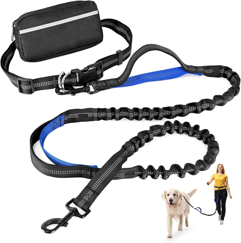 Hands Free Dog Leash with Zipper Pouch, Retractable Bungee Waist Leash with Dual Padded Handles & Waist Belt Fanny Pack for Medium & Large Dog Training Walking Running Hiking Jogging (Blue) Blue - BeesActive Australia