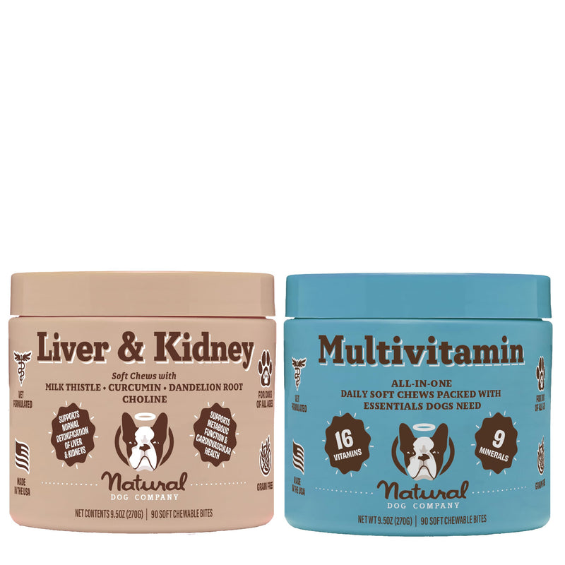 Natural Dog Company Senior Dog Liver Health Bundle Supplement Chews for Dogs, (1) Multivitamin Chews 90 Count, (1) Liver & Kidney Chews 90 Count, Milk Thistle for Dogs, Dog Vitamins & Supplements - BeesActive Australia