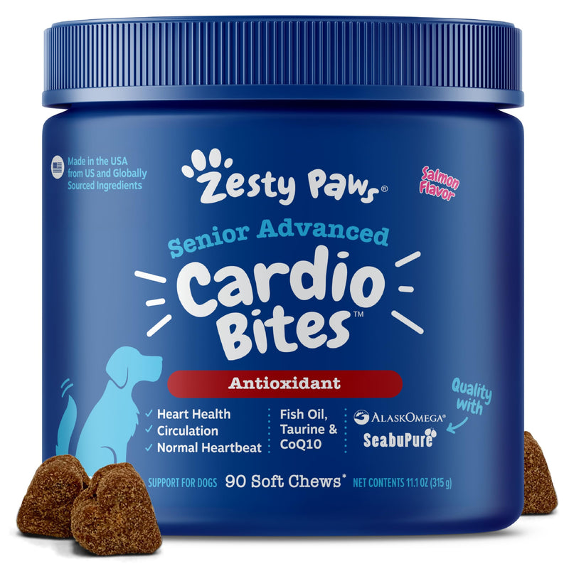 Zesty Paws Cardiovascular Support for Senior Dogs - Taurine for Dogs - with CoQ10, L Carnitine & Sea Buckthorn - Heart Health - AlaskOmega Fish Oil Omega 3 - Salmon - 90 Count Advanced - Salmon