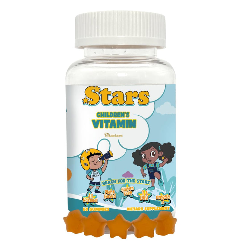 Stars Kids Multivitamin Gummies with Omega 3, Vitamins for Kids with A, B, C, D, Plant Based Multi Vitamins for Children, Manganese, 60 Star-Shaped Multivitamin for Kids, Gluten-Free Gummy Vitamins Stars Children's Vitamin