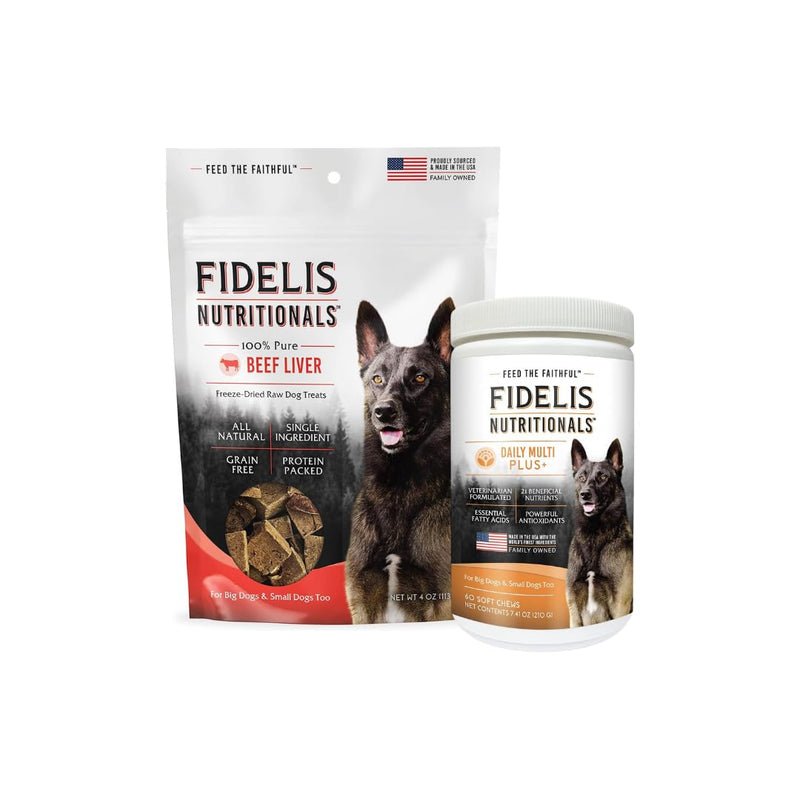 FIDELIS Freeze Dried Dog Treats for Large & Small Dogs, Gluten-Free (4 oz) - FIDELIS Dog Multivitamin Chewable (60 Vitamin Soft Chews) - BeesActive Australia
