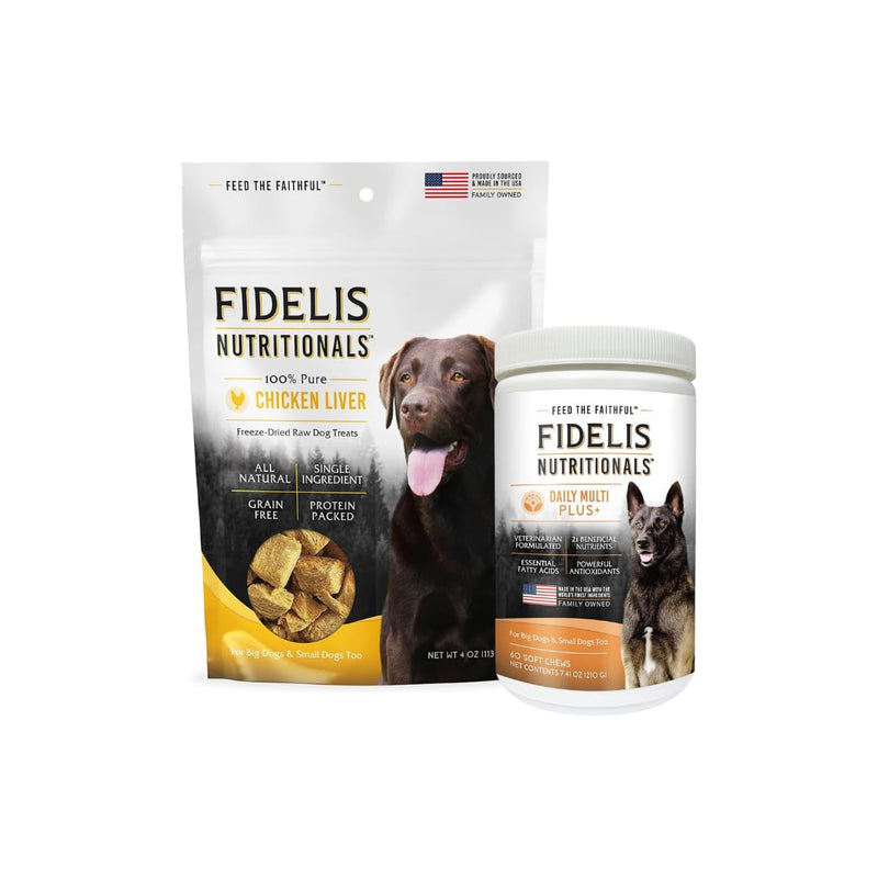 FIDELIS Freeze Dried Dog Treats for Large & Small Dogs - Gluten-Free (4 oz) - FIDELIS Dog Multivitamin Chewable (60 Vitamin Soft Chews) - BeesActive Australia