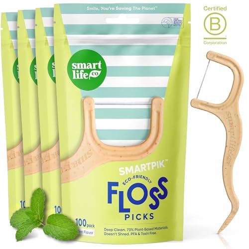 SmartLifeco Eco-Friendly Dental Floss Picks (400ct) - Flossers Made with Straw Wheat Blend, Superior Anti-Shred Thread for Tight Gaps, Tooth Pick Stick for Adults, Soft on Gum & Teeth, Vegan, Mint 1 Count (Pack of 400)