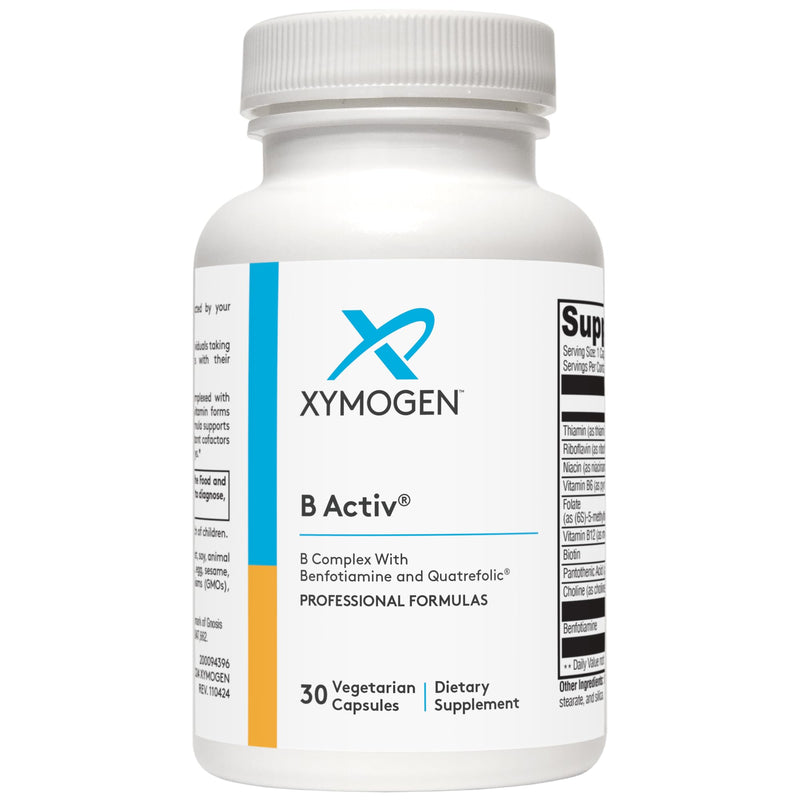 XYMOGEN Vitamin B Complex - B-Activ Activated B Vitamins with Benfotiamine & Quatrefolic - for Adrenal, Immune & Nervous System Support* - Gluten-Free & Vegetarian - 30 Capsules