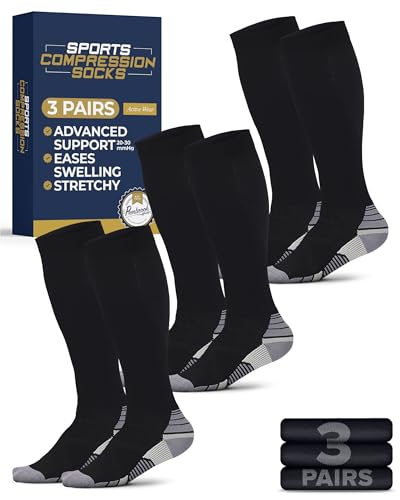 Pembrook 3 Pairs Compression Socks 20-30 mmHg - Compression Socks for Women and Men | Running, Athletic, Travel, Nurses Large Black - 3 Pairs