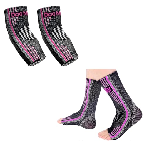 Doc Miller Medium Size | 1 Pair Pink Ankle Brace & 1 Pair Pink Elbow Brace | Compression Support for Men & Women | Brace for Pain Relief | Supports Workout Recovery
