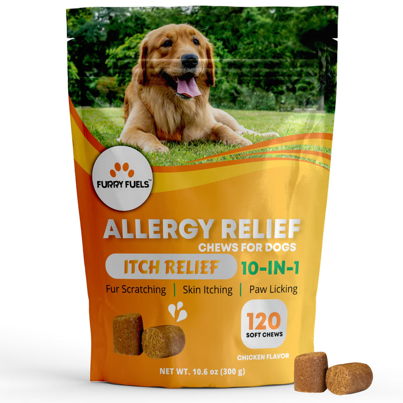Dog Allergy Relief - 120 Count - Dog Allergy Chews Dog Itching Skin Relief for Seasonal Allergies - 10-in-1 Soft Dog Anti Itch Relief for Dogs Probiotics for Skin & Coat Supplement - Chicken Flavor - PawsPlanet Australia