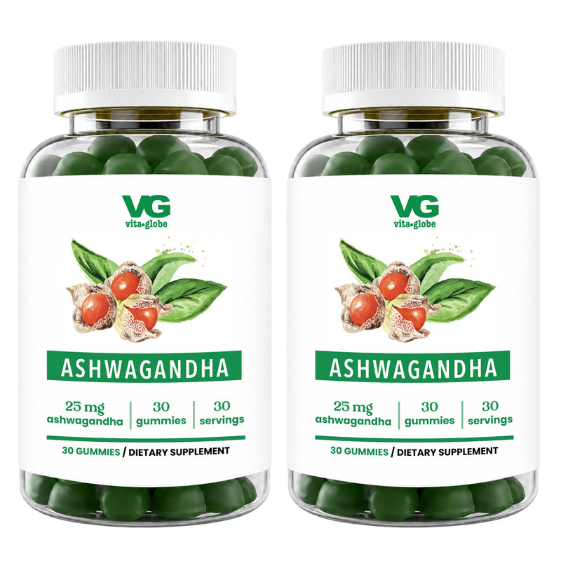 VITA GLOBE Ashwagandha Gummies 25mg for Women & Men, Vitamin D2 & Zinc | Ashwagandha Mood Support, Stress Relief, Non-GMO, Vegan Chewable, 60 Count 30 Count (Pack of 2)