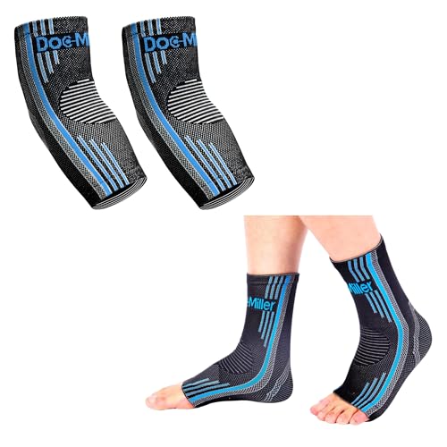 Doc Miller Small Size | 1 Pair Blue Ankle Brace & 1 Pair Blue Elbow Brace | Compression Support for Men & Women | Brace for Pain Relief | Supports Workout Recovery