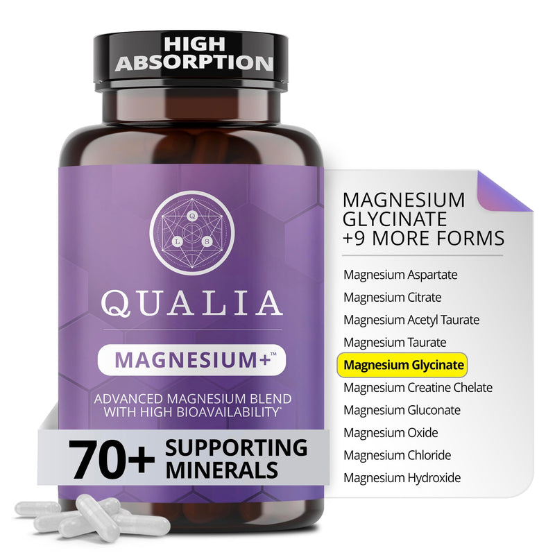 Qualia Magnesium Supplement with Glycinate, 10 Forms and 70+ Minerals | Magnesium complex for women & men with citrate & taurate, for sleep & muscle recovery; clinically studied, high absorption 56 Count (Pack of 1)
