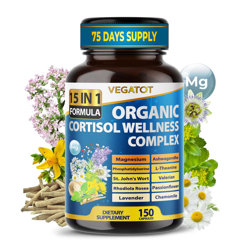 VEGATOT Organic Cortisol Wellness Complex 15-in-1 Formula with Magnesium Ashwagandha St. John's Wort Valerian Rhodiola Rosea Passionflower Chamomile 150 count (pack of 1)