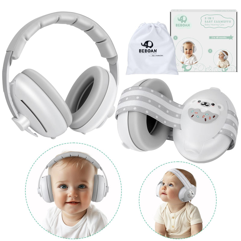 BEBOAN 2-in-1 Baby Ear Muffs Noise Protection for 0-36 Months, Noise Cancelling Headphones for Infant, Newborn Ear Protection for Airplane Travel, Toddler Sound Proof Grey
