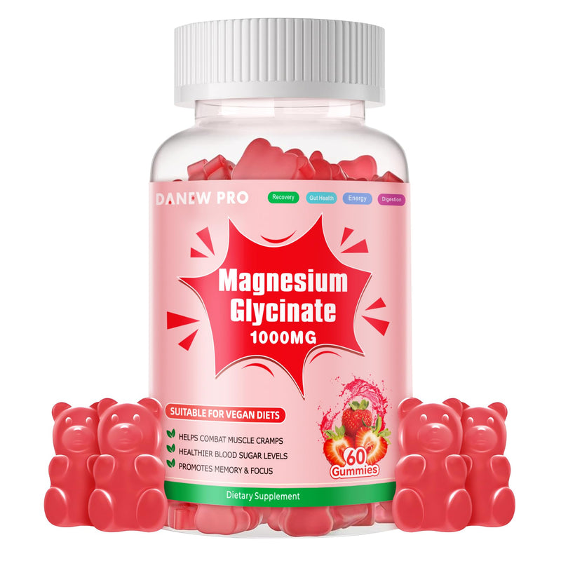 Magnesium Glycinate Gummies 1000mg - Sugar Free Magnesium Potassium Supplement with Vitamin D, B6, CoQ10 for Calm Mood & Sleep Support - 60 Strawberry Gummies 60 Count (Pack of 1)