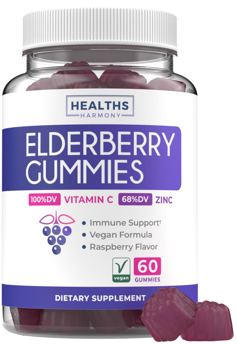 Vegan Sambucus Elderberry Gummies for Adults for Daily & Seasonal Wellness | Black Elderberry Vitamin C and Zinc Gummies - Delicious and Nutritious Immune Support Gummy Supplement (1 Month Supply) Adults 60 Count