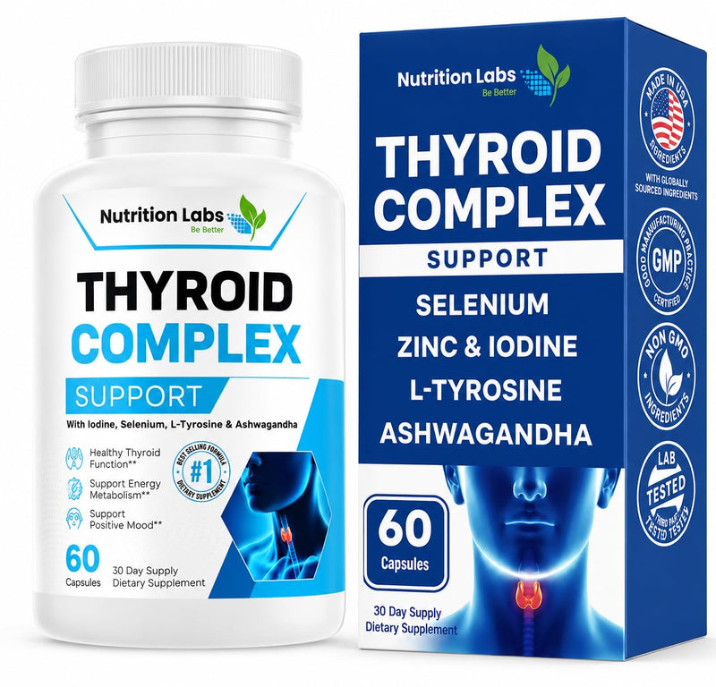 Thyroid Support Supplement for Women & Men | Iodine, Selenium, L-Tyrosine, Ashwagandha & Vitamin B12 | Daily Metabolism & Energy Support | Non-GMO | 60 Capsules | Nutrition Labs