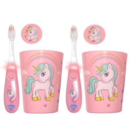 Lily's Home Kids Flashing Timer Toothbrush with Soft Bristles, Rising Cup & Cover - Fun 2-Min Light-Up Brushing for Children - Toddler Toothbrush Kit (Unicorn) - Set of 2 Unicorns