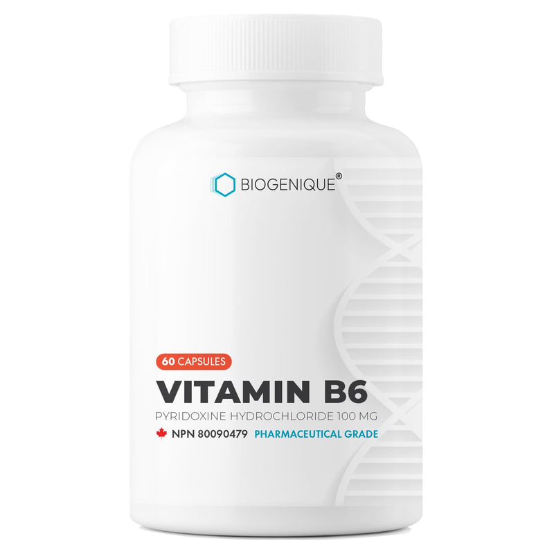 Biogenique Vitamin B6 100 mg - Capsules B6 Pyridoxin - Supports Energy Production & Metabolism - 2 Months Supply Vitamin B6 Supplement Made in Canada, Non-GMO, Vegan (60 Count) 60 Count (Pack of 1)