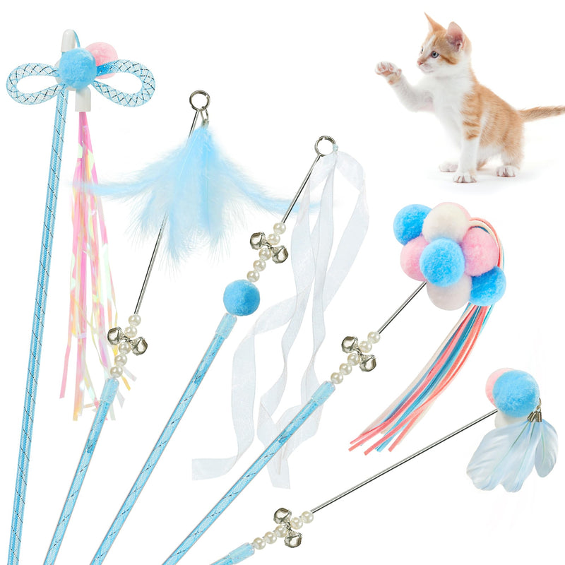 Potaroma Interactive Wand Cat Toys Toy, 5 Pcs Kitten Feather Toys for Indoor Cats to Chase and Exercise, Fun Cat Teaser, Light Blue - BeesActive Australia