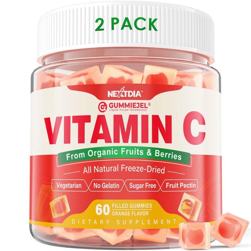 2 Pack - Organic Vitamin C Gummies 120mg for Adults, Sugar Free, Daily Immune Defense, Raw Antioxidant, 100% Whole Food Chewable Vitamin C Supplement from 1200mg Berries & Fruits for Collagen, Vegan 60 Count (Pack of 2)