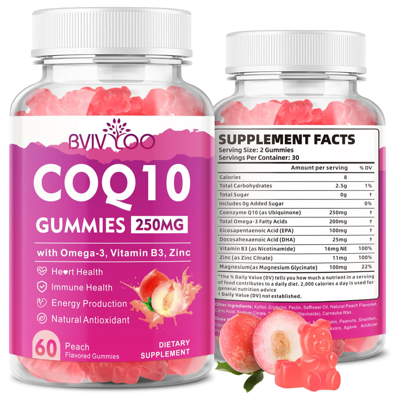 Sugar-Free CoQ10 Gummies 250mg, Plus Omega-3, Vitamin B3 & Zinc, Magnesium - High Absorption Coenzyme Q10 Supplements for Heart Health, Cellular Energy, & Antioxidant Support, 60 Count Peach 1Pack