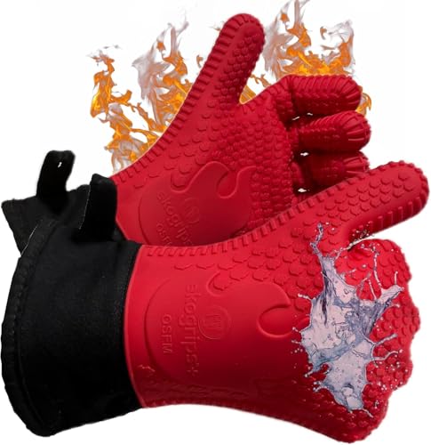 Ekogrips Plus Oven Gloves with Fingers, Comfy Waterproof Silicone Oven Mitts Heat Resistant with Long Cuff, Insulated BBQ Gloves Perfect for Grilling, Baking, Smoker, Canning, Pizza, Red, Hot Mitts OSFM