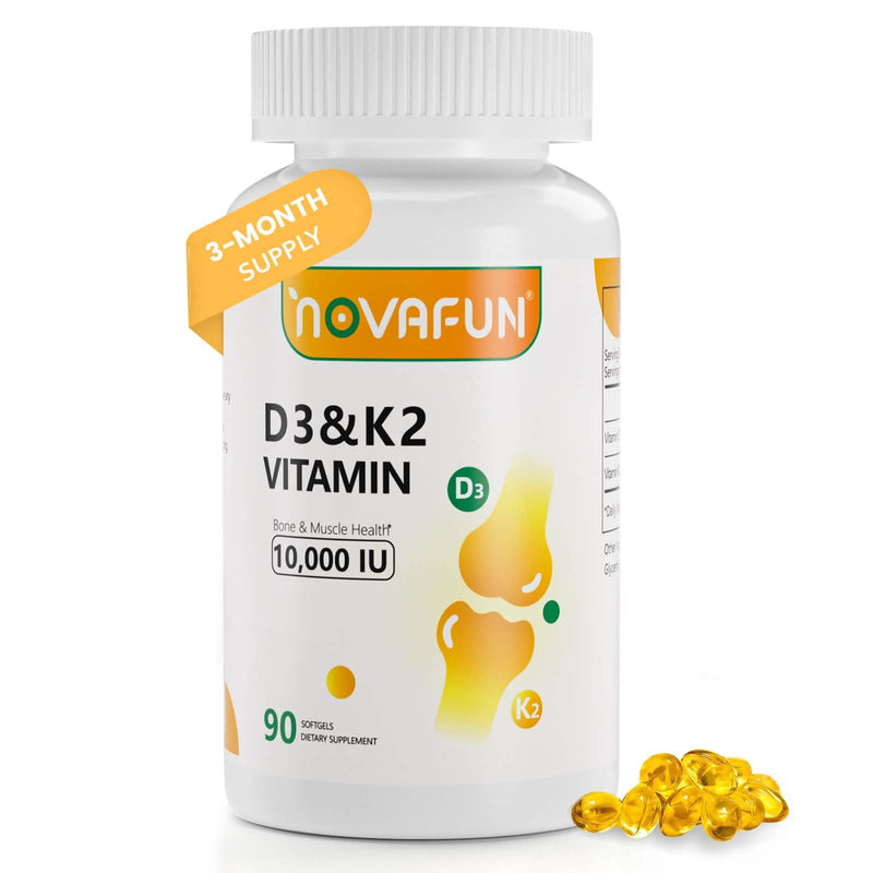 Noavfun Vitamin D3 K2 10000 IU Supplement, 90 Softgels | 250mcg Vitamin D3 + 200mcg K2 MK-7 with Coconut Oil, Supports Bone Health, Teeth & Calcium Absorption 90 Count (Pack of 1)