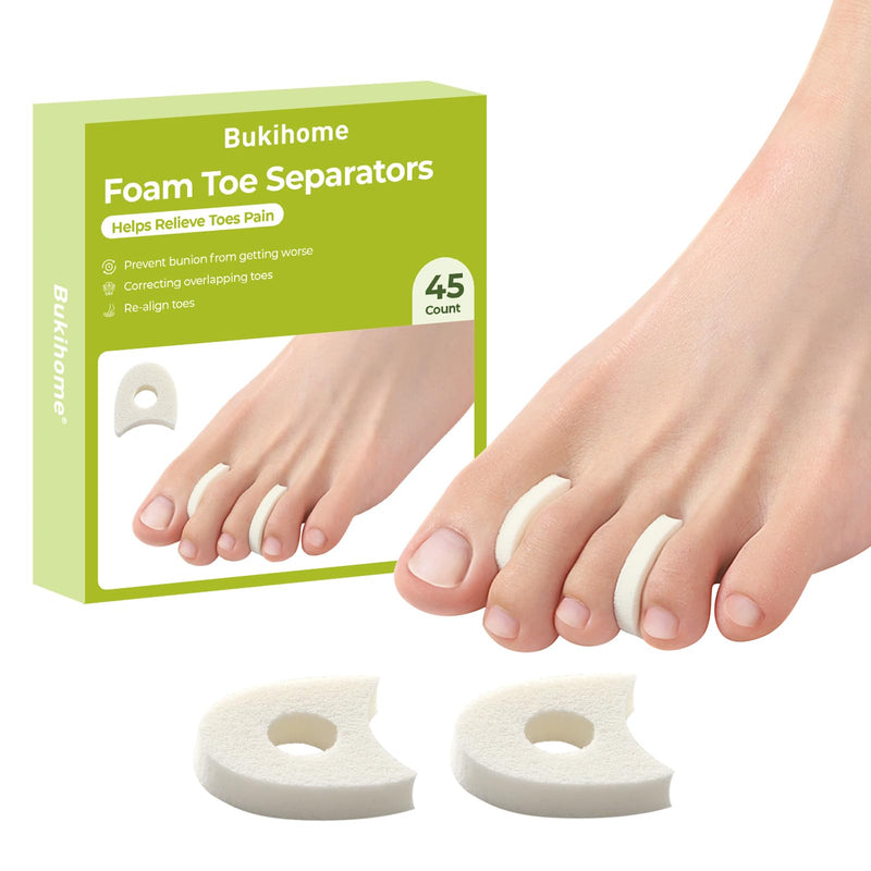 Bukihome 45 Pack Foam Toe Separators,Breathable Toe Spacers, Reduce Friction and Relieve Corns Pain, Overlapping Toes Corrector - (White) White 45 Count(Pack of 1)