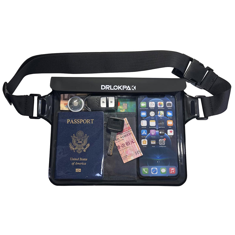 DRLOKPAK Waterproof Waist Pouch Fanny Pack Bum Bag Hip Pouch for Swim Surf Sail Snorkel Kayak Beach Pool to protect Wallet Passport Phone watch eReader mini tablet Dry (Black) Black