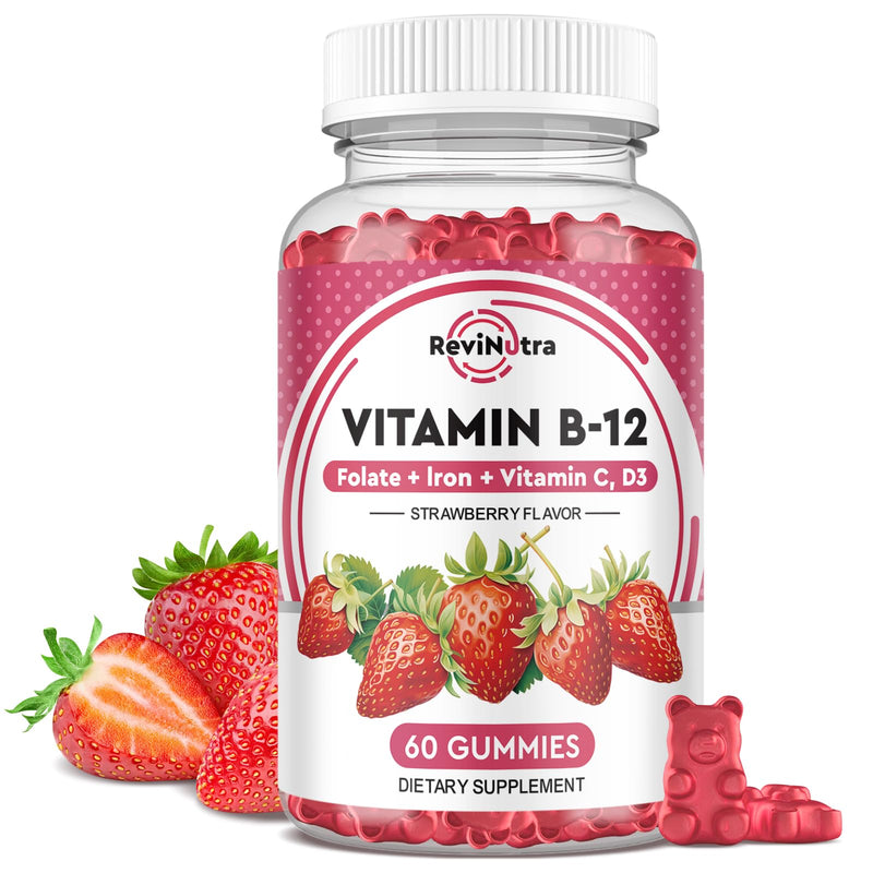 Vitamin B12 Gummies - 5000 mcg Methylcobalamin with Iron, Vitamin C, D3 & Folate, Energy Support and Metabolism, Immune, B-12 Complex Chewable Supplement for Men & Women,Strawberry Flavor Strawberry 60 Count (Pack of 1)
