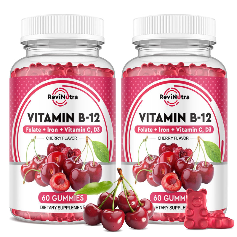 Vitamin B12 Gummies - 5000 mcg Methylcobalamin with Iron, Vitamin C, D3 & Folate, Energy Support and Metabolism, Immune, B-12 Complex Chewable Supplement for Men & Women, 120 Count, 2 Pack Cherry 60 Count (Pack of 2)