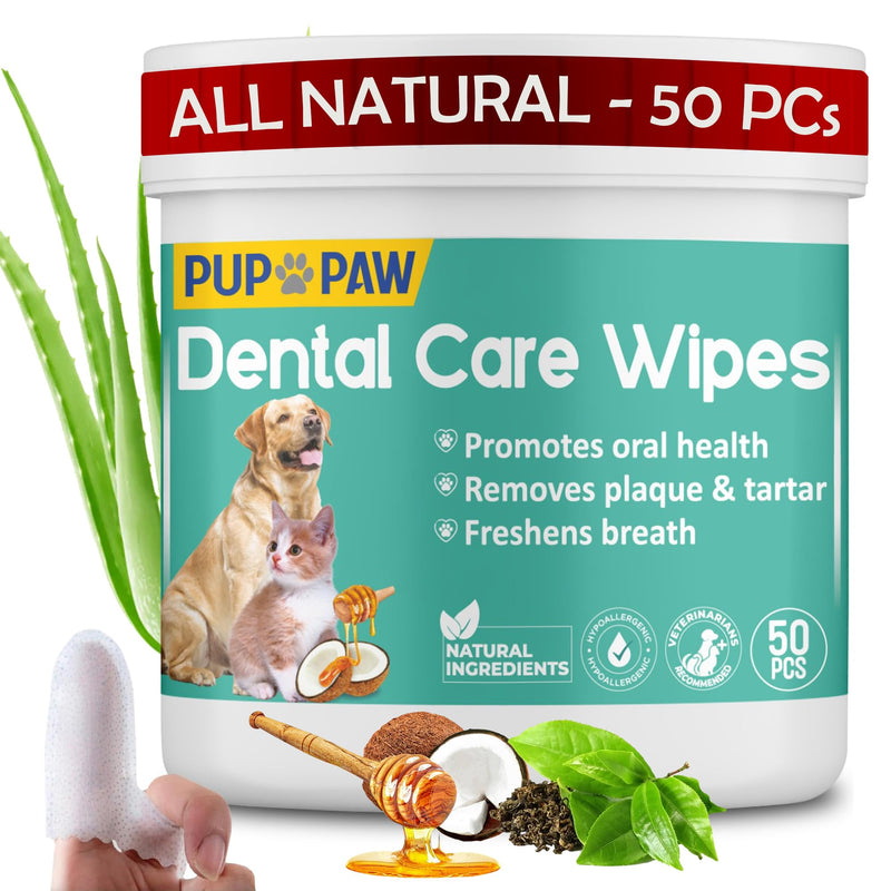 Dog Teeth Cleaning Wipes - All Natural Dog Tooth Brushing Kit Replacement & Plaque Remover - Pet Dental Finger Wipes for Dogs & Cats - Freshens Breath, Reduces Tartar & Plaque - 50 Pcs - PawsPlanet Australia