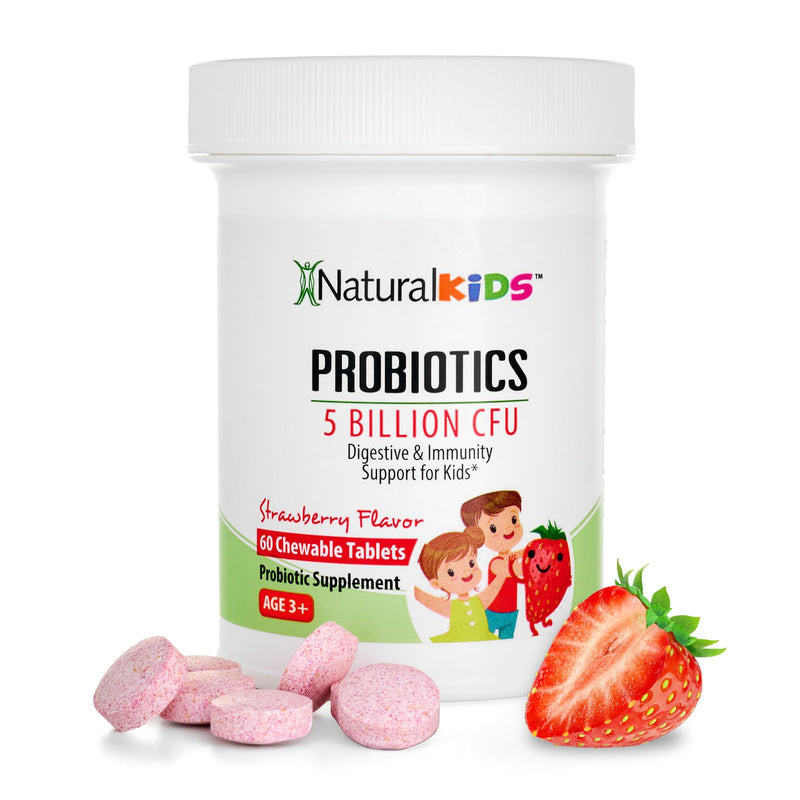 NaturalSlim Kids Probiotics for Digestive & Gut Health, Immune Support, 5 Billion CFU with LGG, BB-12 & 4 Probiotic Strains, 35 mg Calcium, for Children Ages 3+, Strawberry Flavor, 60 Chewable Tablets | Digestive Health, Immune Support, Kids Gut Health...