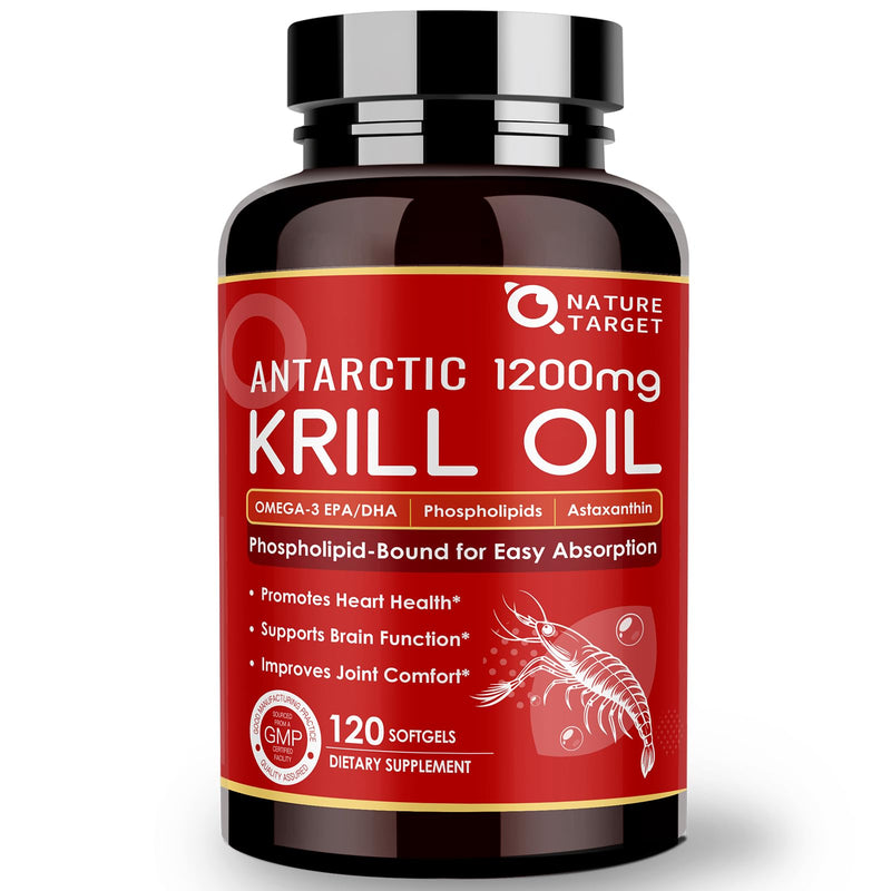 NATURE TARGET Krill Oil 1200mg with Omega-3 EPA & DHA with Astaxanthin, Phospholipids & Choline - Supports Heart, Brain, Join Health, Non-GMO, Gluten Free, 120 Softgels (60 Servings) 120 Count (Pack of 1)