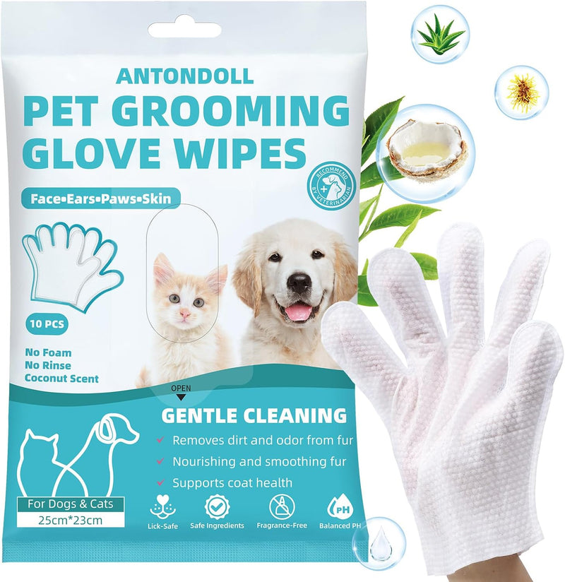Pet Cleaning Glove Wipes for Dogs & Cats, Cleaning & Deodorizing Grooming Bathing Gloves, Nourish Cat Dog Fur Glove Wipes for Dry Cleaning, Daily Care and Travel No-Rinse 10PCS - BeesActive Australia