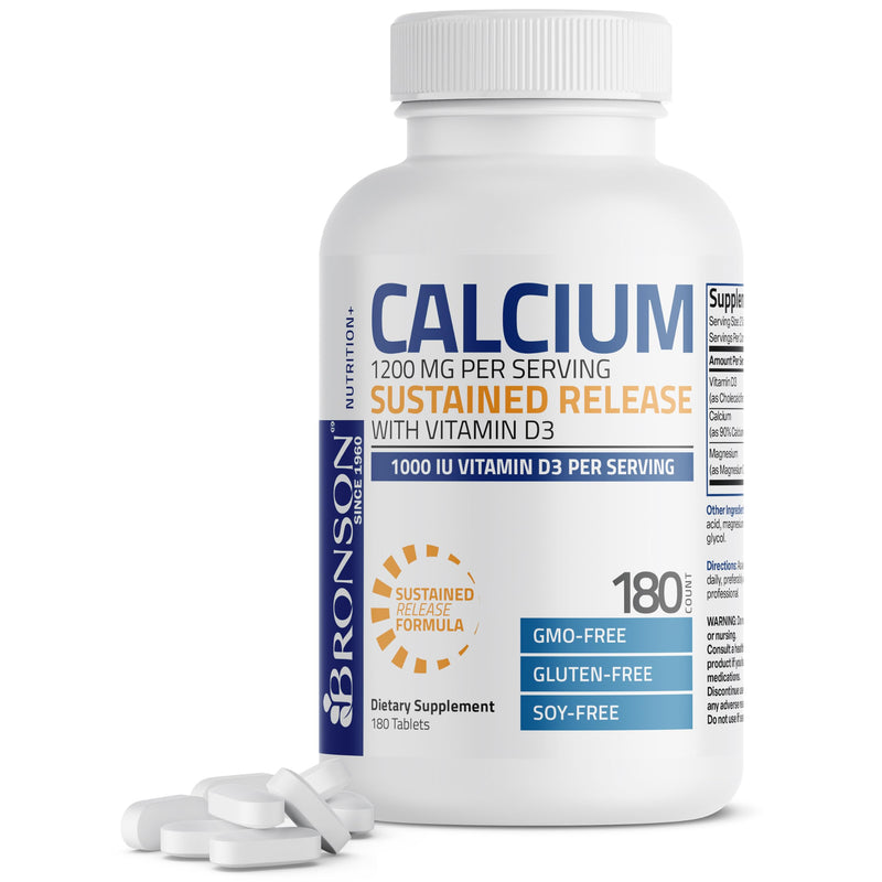 Bronson Calcium 1200 mg Sustained Release + Vitamin D3 1000 IU, 180 Tablets | Magnesium 80 mg, Bone Health Support, Steady Calcium Release, Non-GMO, Gluten-Free & Soy-Free 180 Count (Pack of 1)