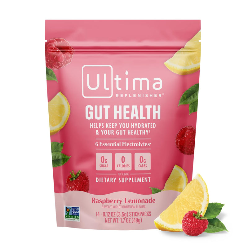 Ultima Replenisher Gut Health Supplement and Electrolytes Powder - Raspberry Lemonade, 14 Stickpacks - Hydration Packets with Added Gut Health Benefits - BeesActive Australia