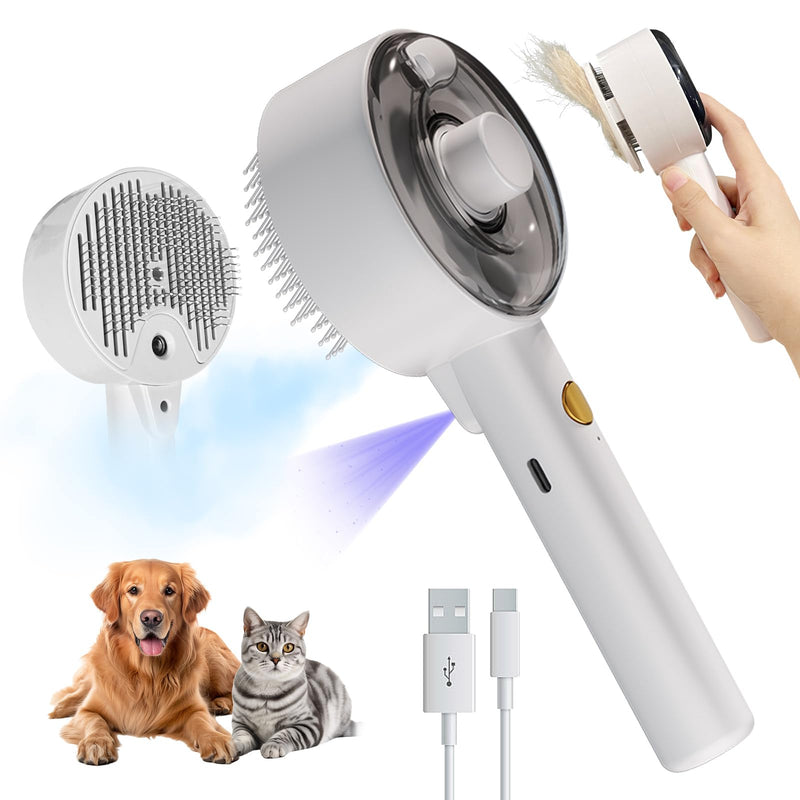 Donut 2-Gear Pet Steam Slicker Brush With UV, 4-in-1 Detangler Spray Dematting Brush For Shedding, Hair Remover With Release Button. For Indoor Long Or Short Hair Dogs, Cats, Rabbits. (White) Pink - BeesActive Australia
