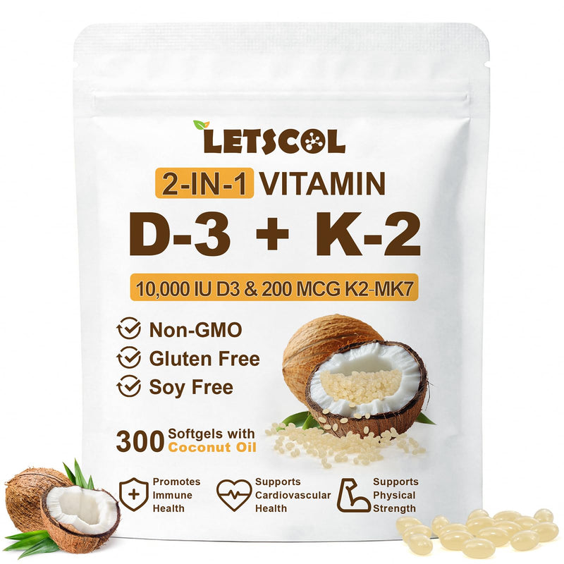 2-in-1 Vitamin D3 K2 Supplement Softgel, Vitamin D3 10000 IU and Vitamin K2 200 mcg, K2 MK7 with D3 Vitamin Supplement Support Immune, Heart, Teeth Health 300 Count (Pack of 1) 10,000 IU D3 & 200MCG K2 300 Softgels