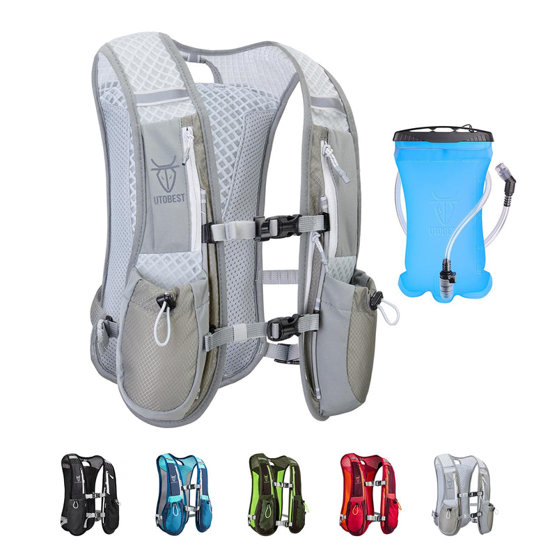 Running Vest, 5L Hydration Vest Lightweight, Breathable and Sweatproof Running Backpack, Adjustable Running Hydration Vest for Trail Running Marathon Race Jogging Cycling Gray Vest 5L with 1.5L Bladder
