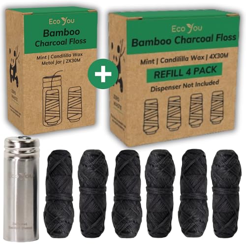 Bamboo Charcoal Dental Floss | 6 Refills + Metal Holder | Mint & Candelilla Wax | Vegan & Biodegradable
