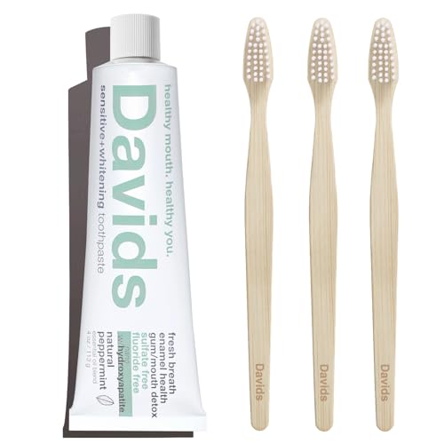 Davids Nano Hydroxi Toothpaste and 3-Pack Toothbrush Bundle, Remineralize Enamel, Sensitive Relief & Teeth Whitening - Antiplaque, Fluoride Free, SLS Free, Peppermint, 4oz